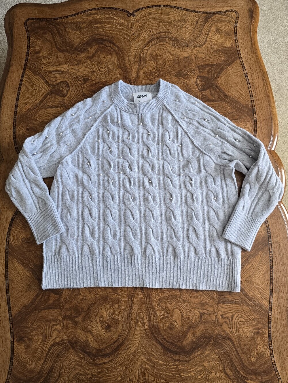 Aerie Pearl Embellished Cable Knit Sweater Grey, Womens size Medium New w/ Tags